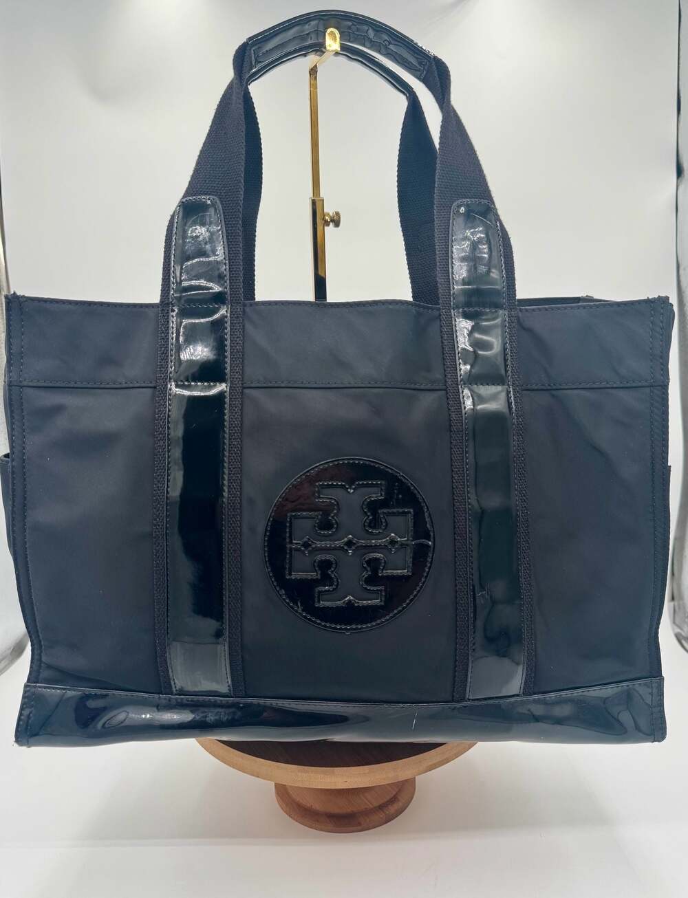 Tory Burch Ella Large Black Nylon Patent Trim Tote Bag